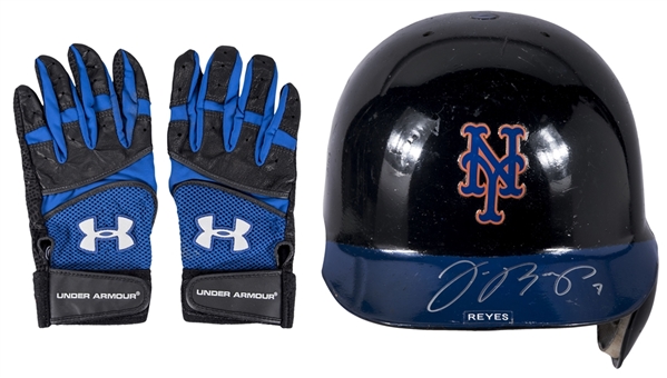 Lot of (2) Jose Reyes Game Used New York Mets Batting Gloves & Batting Helmet (signed) (MLB Authenticated, JT Sports, Beckett)